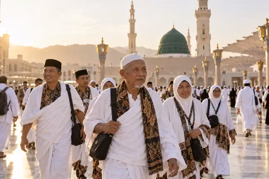 Jamaah berjalan bersama menuju masjid pada sore hari